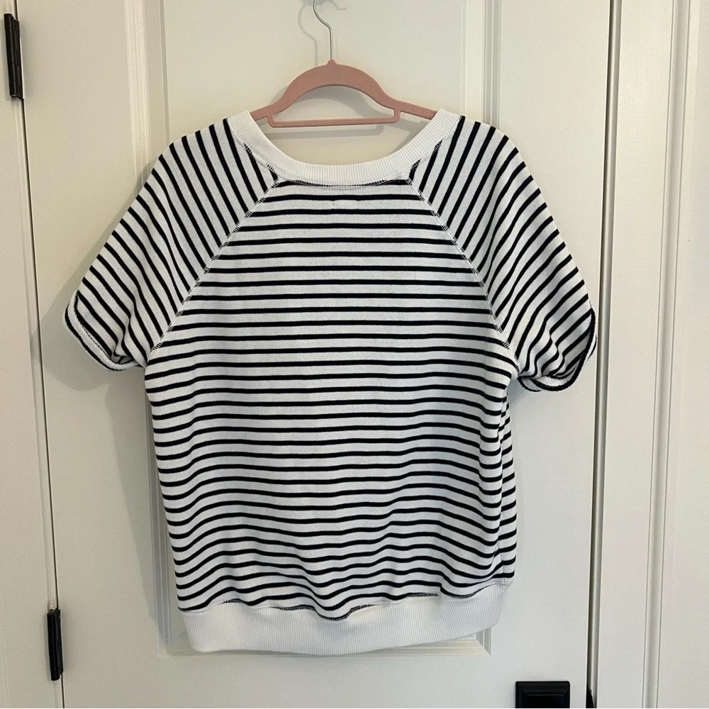 Aerie Short Sleeve Crewneck Sweatshirt Navy & White - Picture 2 of 3
